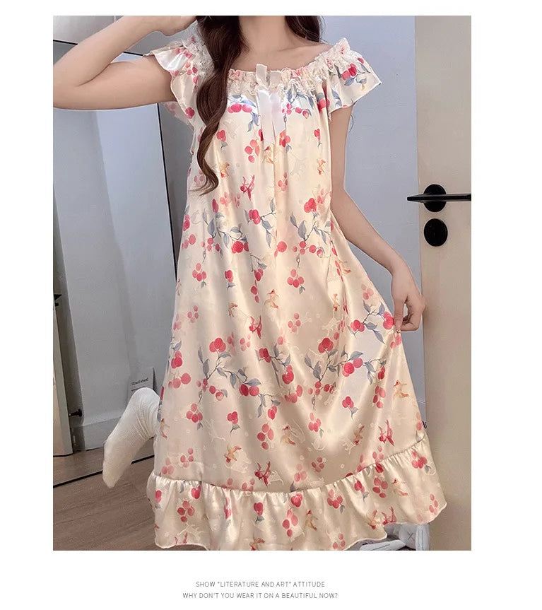 Ice Silk Satin Pajamas Women's Korean Summer Nightgown with Chest Pads Sweet Lace Ruffle Sleeved Long Dress Floral Loungewear