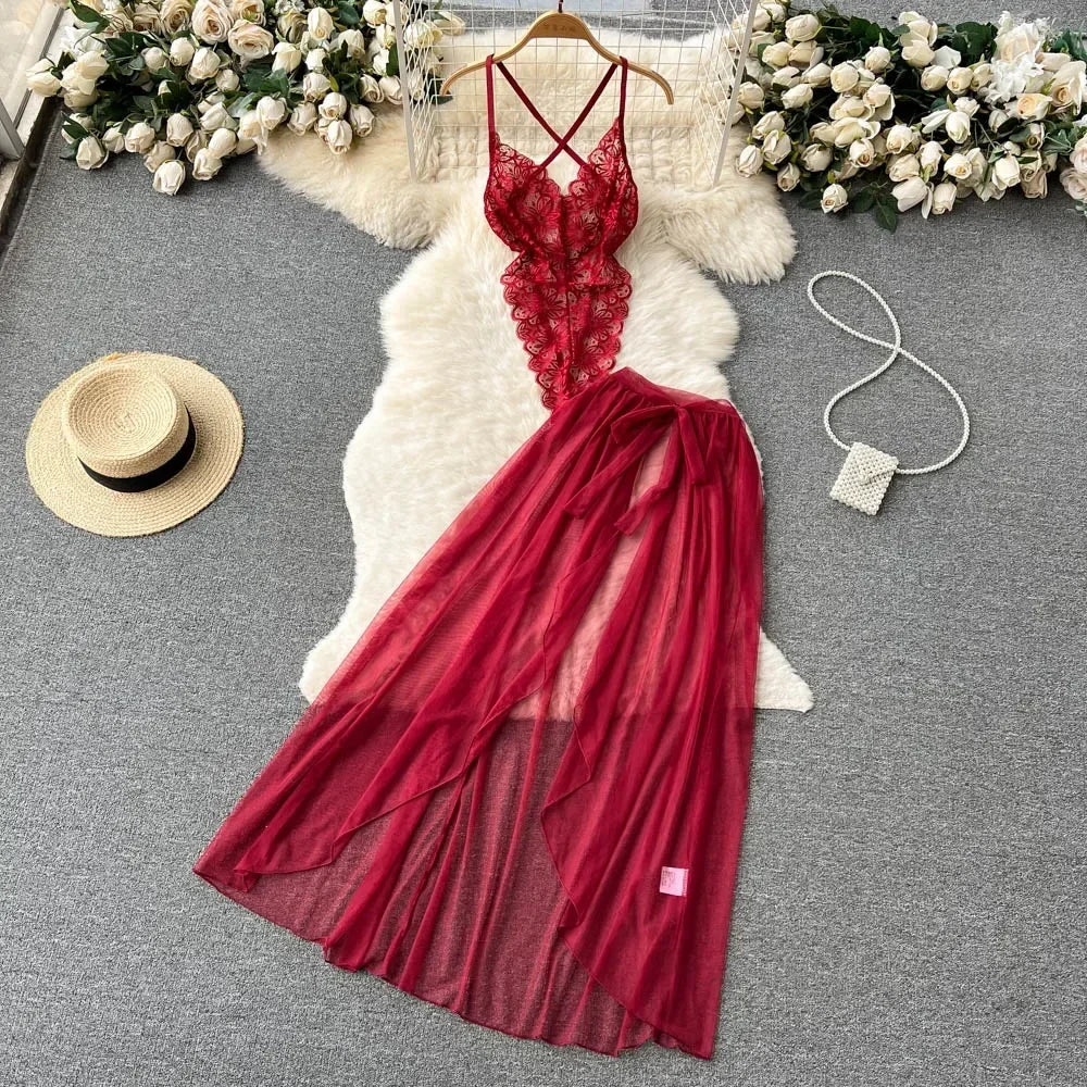 new Women's Multicolour Transpar Sexy Charming Flowing Mesh Long Skirt With Girls V-neck Lace Hollowed out Flower Top Two Pieces