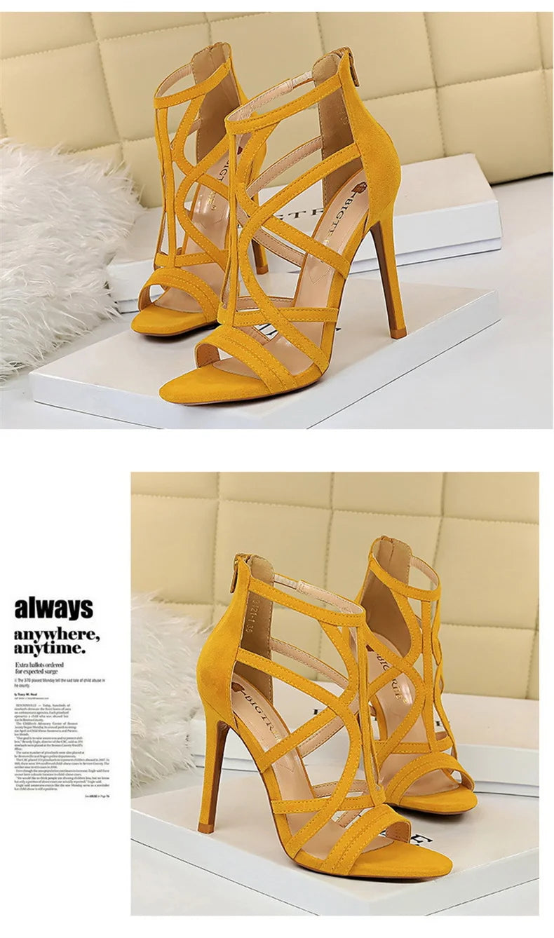 Women Roman style Thin High Heels Pumps Pointed Toe Suede Hollow Strap Party Shoes Solid Solid Ankle Zip Summer Sandals