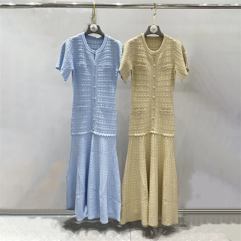 New summer single-breasted round neck knit crochet short-sleeved dress, high-quality and fashionable over-the-knee long skirt