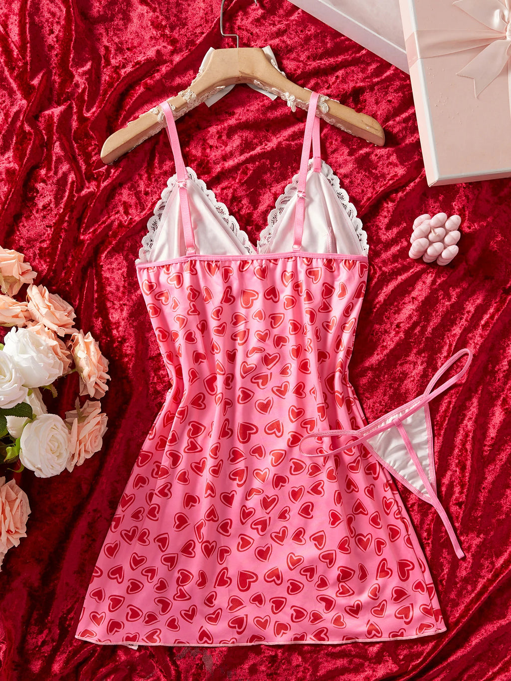 Sexy Y2K Women's Sleeveless Mini Dress Hot Lingerie With All-Over Heart Print Featuring A V-Neck And High Side Slit 2-piece Set
