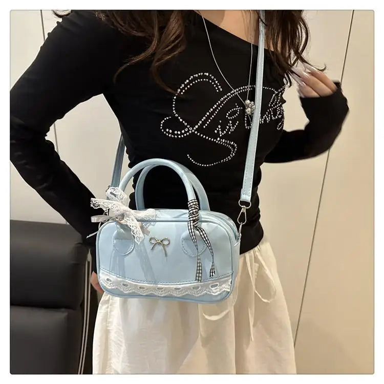 Simple Elegant Handbag Boston Shoulder bag Lace Ribbon Bow Decor Crossbody Bag Small Square Bag Casual Women Bags ﻿