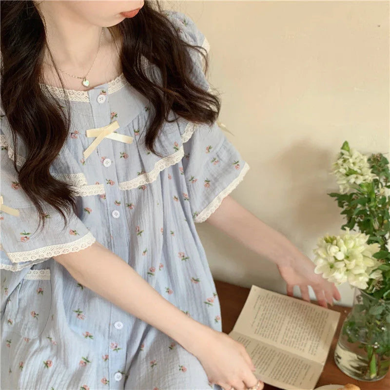 Summer Ladies Pajamas Loungewear Set Princess Style Sweet Lace Small Floral Short Sleeve Shorts Loose Plus Size Loungewear