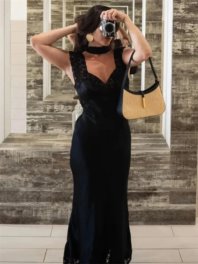 Tossy Fashion Satin Lace Long Dress Women V-Neck Patchwork Hollow Out Sleeveless Lace-Up Dress Evening Female Autumn Maxi Dress