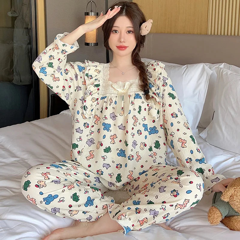 100kg Plus Size Cherry Print Pajama Women Korean Sweet Spring Long Sleeve Top Long Pants Plaid Homewear Princess Loose Outfits