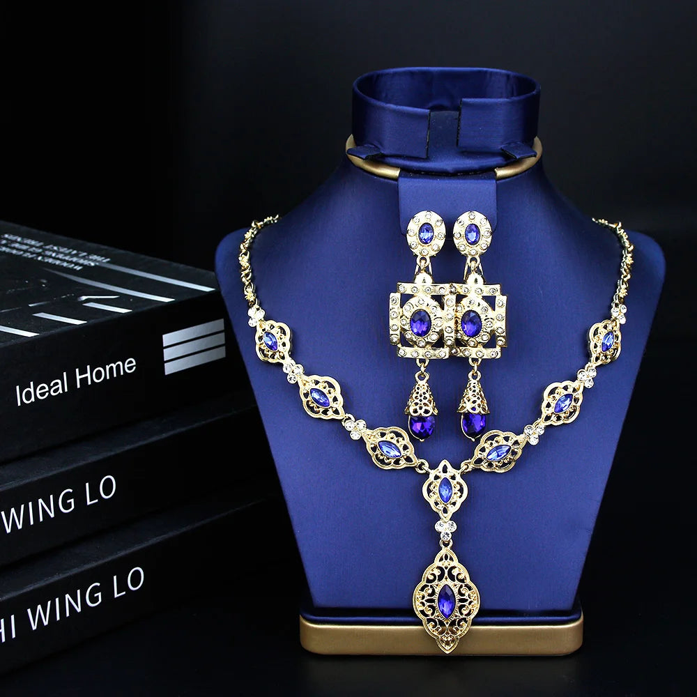 Sunspicems Moroccco Women Jewelry Set Gold Color Crystal Necklace Earring Set Algeria Wedding Jewelry Bride Drop Earring Choker