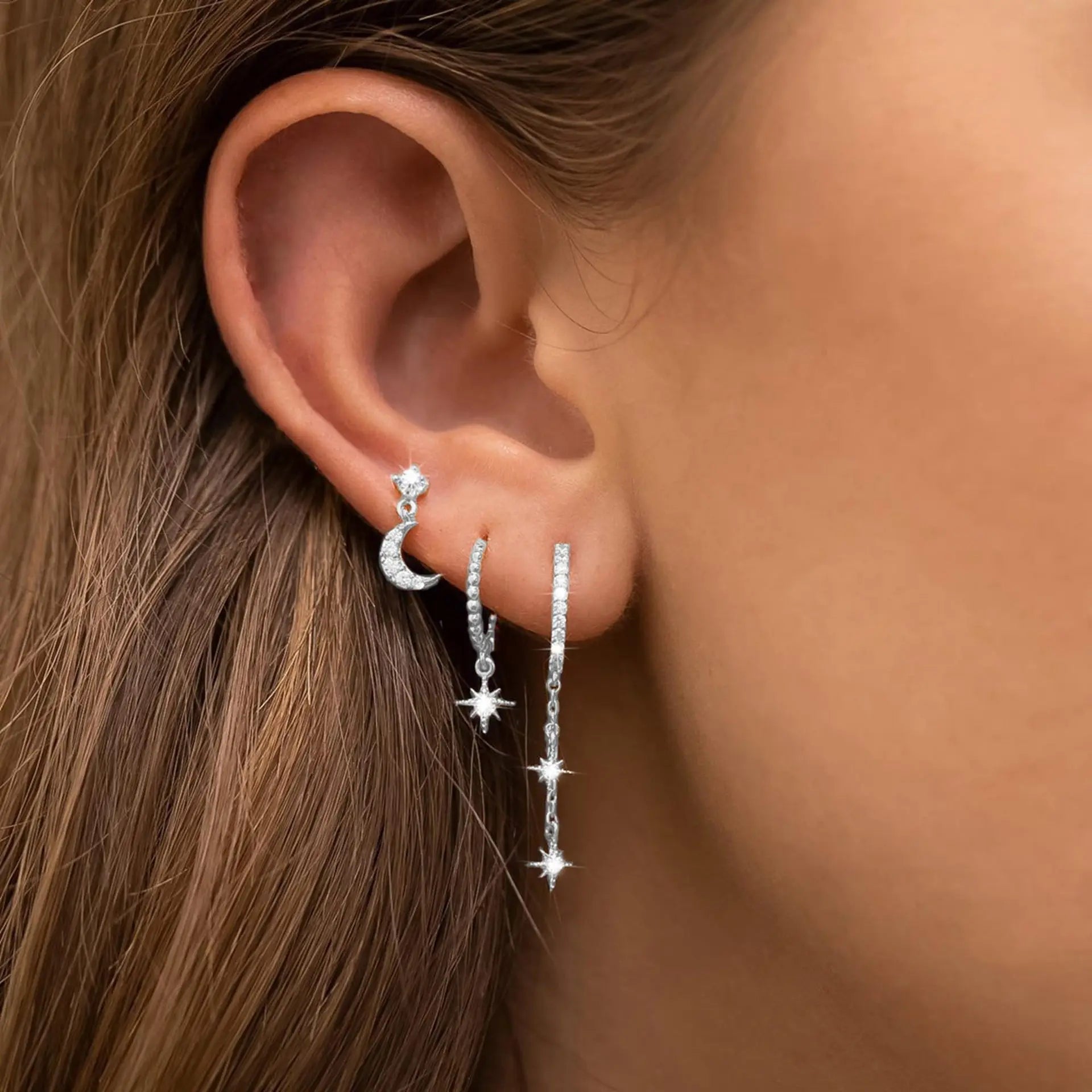 3PCS Sets Stainless Steel Square Zirconia Hoop Earrings For Women Daily Life Cartilage Stud Earrings Piercing Jewelry Gift