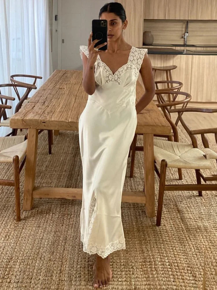 Tossy Fashion Satin Lace Long Dress Women V-Neck Patchwork Hollow Out Sleeveless Lace-Up Dress Evening Female Autumn Maxi Dress