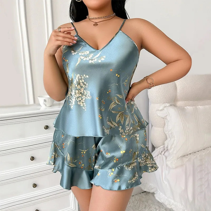 Plus Size Floral Satin Pajama Set Euro Style Two Piece Sleepwear Cooling Silk Like Loungewear for Women Breathable Homewear