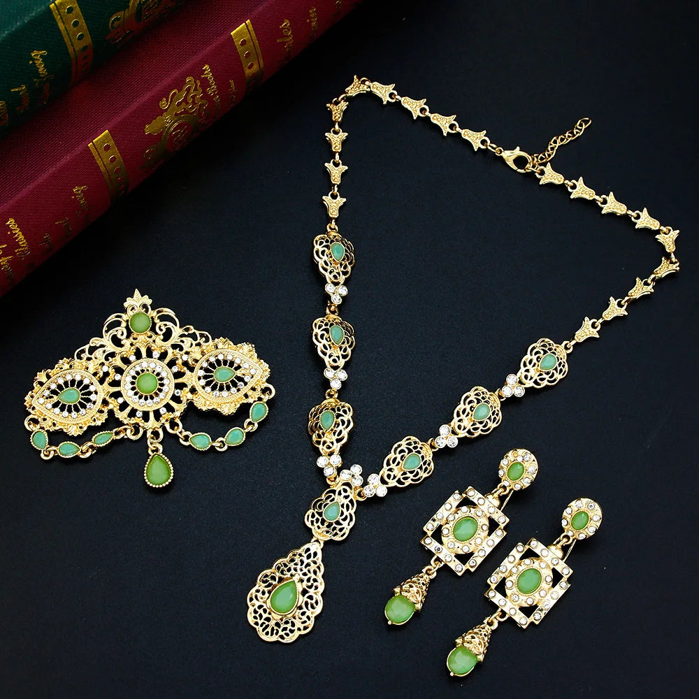 Sunspicems Elegent Morocco Bride Jewelry Sets Women Drop Earring Caftan Brooch Pins Choker Necklace Set Arabic Wedding Bijoux