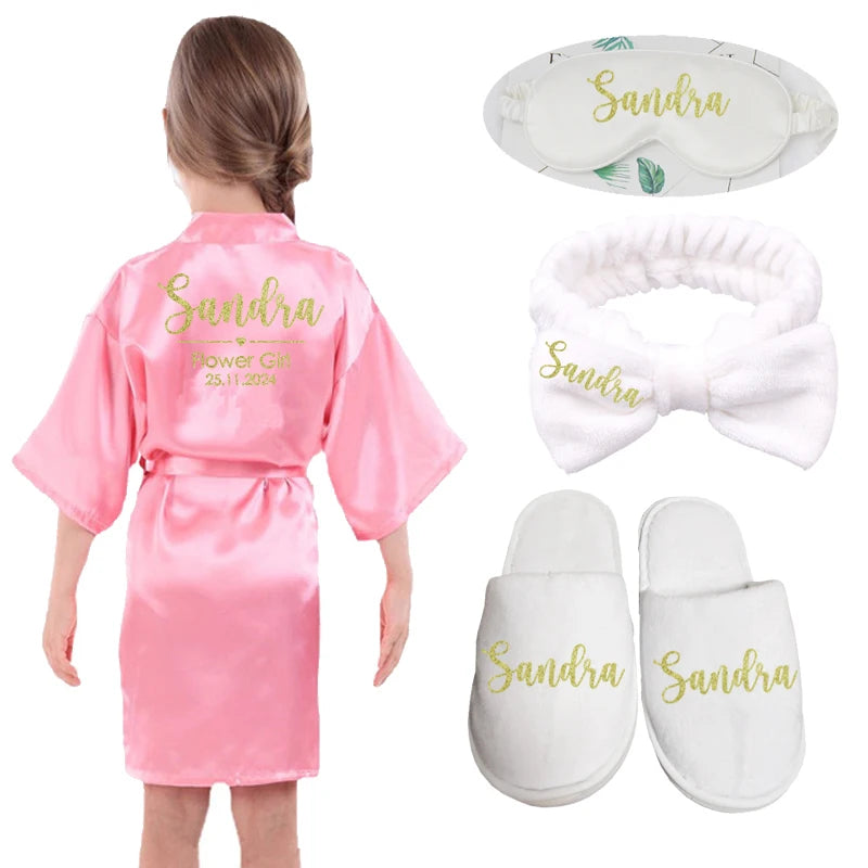 Customized Name Date Flower Girl Robes Set Wedding Bathrobes Pajamas Kids Nightdress Birthday Party Kid Robe