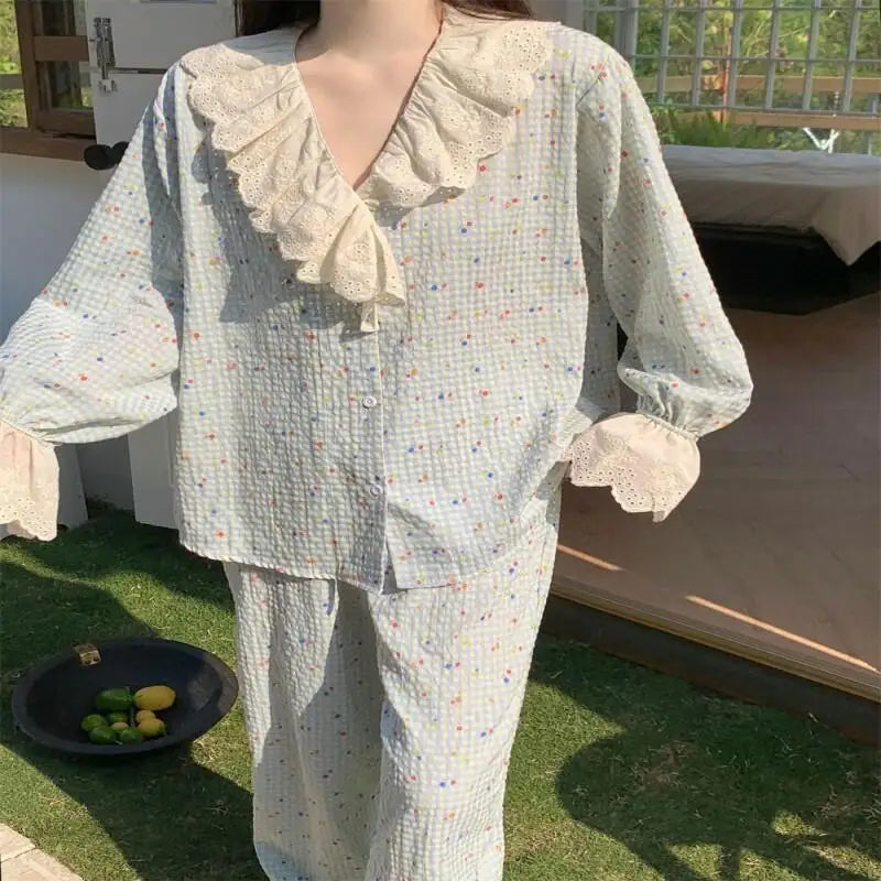 Korean Style Sweet Style Floral Pajamas for Women New Long Sleeve Long Pants Lace Trim Homewear Set Autumn Winter Loungewear Hot