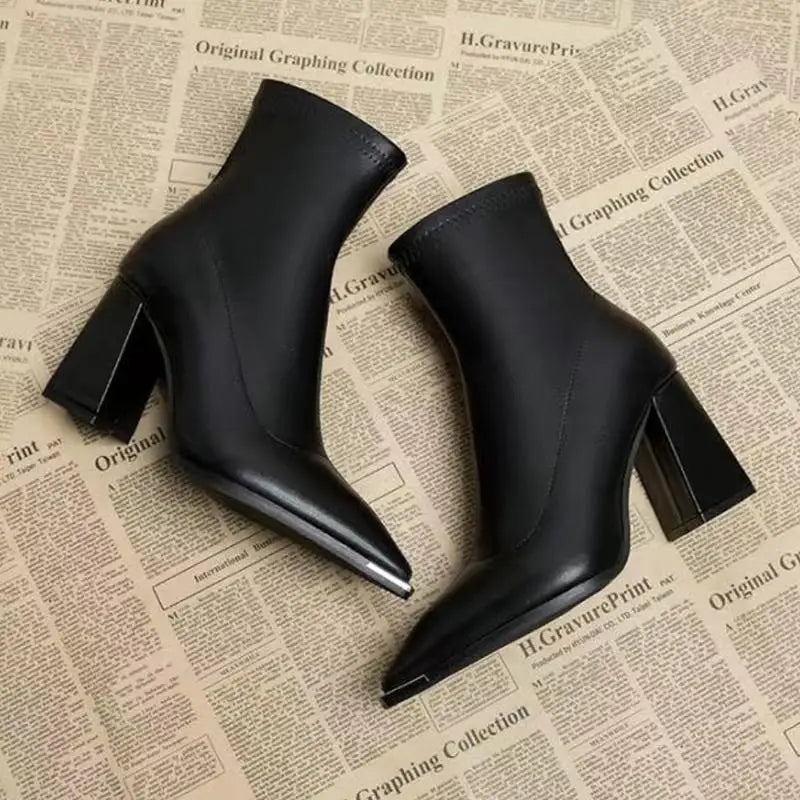 Brand Pu Black Ankle Boots 2025 Autumn French Retro Pointed Toe High Heel Chelsea Boots Metal Decoration Designer Short Booties