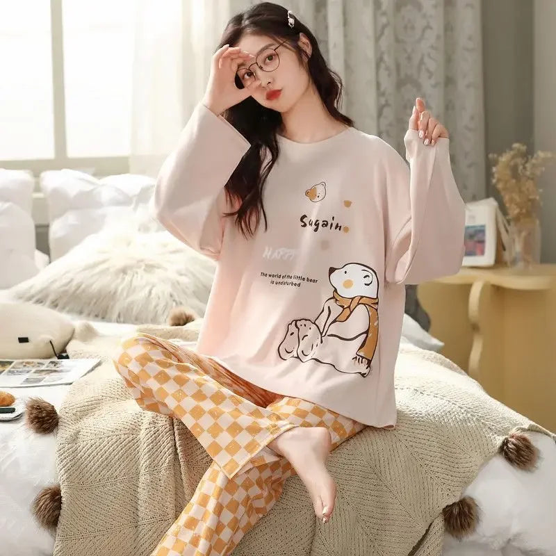 2PCS/Set Ladies Four Seasons Pajamas Long Sleeves Cartoon Casual Student Homewear Girl Giraffe Cute Print Women Sleepwear
