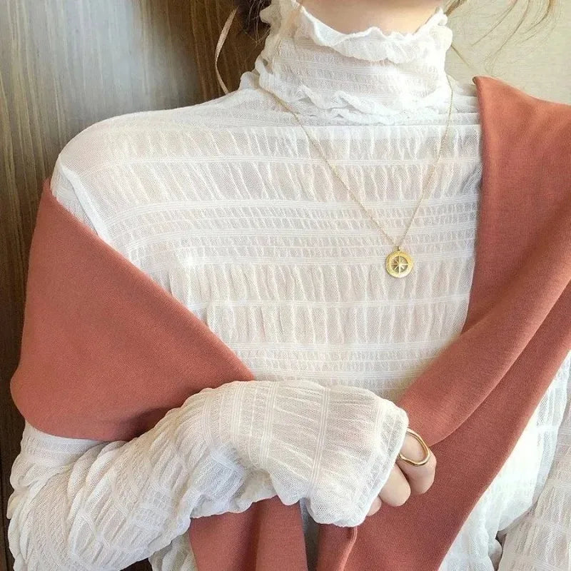 Sexy Floral Lace and Mesh Ruffle Nightgown Woman Sleep Tops Nightie Turtleneck Mesh Layering Top Y2k Floral Tee Shirts Blouse