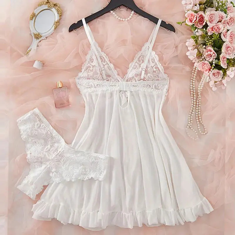 Transparent Ultra-short Dress Sexy Lingerie Lightweight Deep V Sling Nighty Loungewear Women's Pajamas Lace Nightdress Female