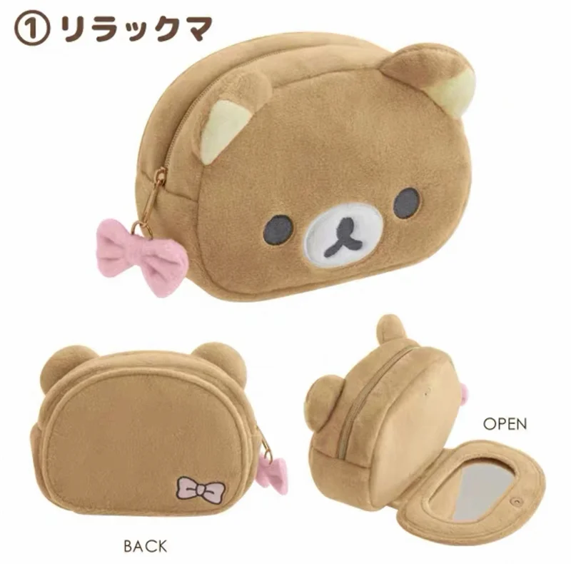 Rilakkuma Korilakkuma Bow Plush Makeup Bag With Mirror Storage Organizer Anime Bear Kawaii Cute Travel Cosmetic Bag Pouch