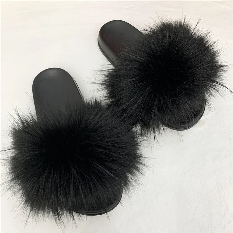 Ladies Fluffy Slippers Summer Women Faux Fur Soft Slides Stylish Open Toe Sandals Outdoor Indoor Furry Comfortable Beach Shoes