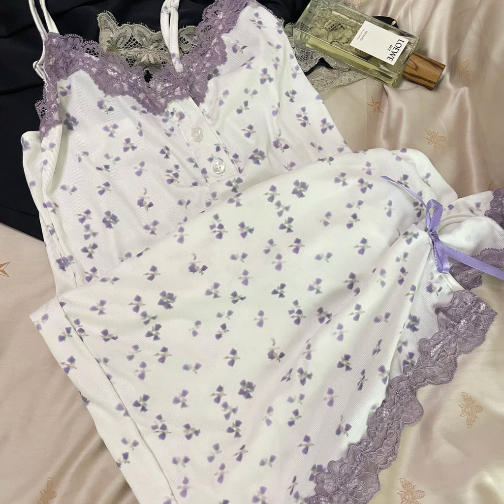 Sexy Floral Nightgowns Women Lace Patchwork Korean Romantic Sleepwear Spaghetti Strap Y2k Bodycon Comfortable Trendy Daily Ins