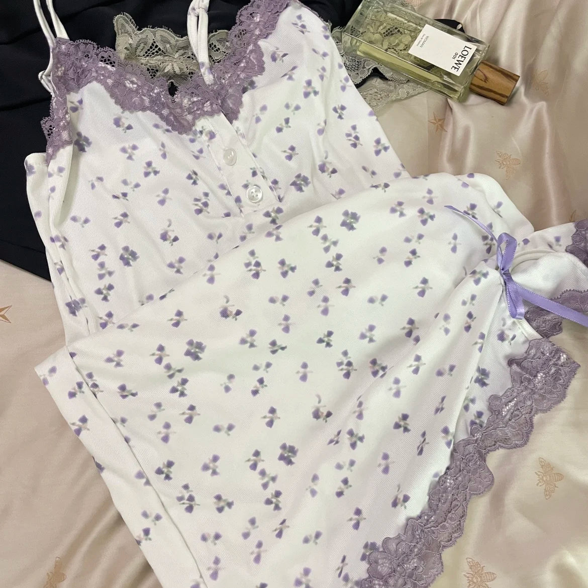 Sexy Floral Nightgowns Women Lace Patchwork Korean Romantic Sleepwear Spaghetti Strap Y2k Bodycon Comfortable Trendy Daily Ins