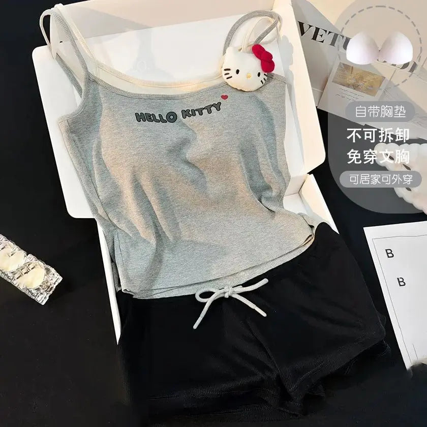 Cute Hello Kitty fake two-piece suspender shorts pajamas women's summer casual loungewear two-piece set can be worn outside