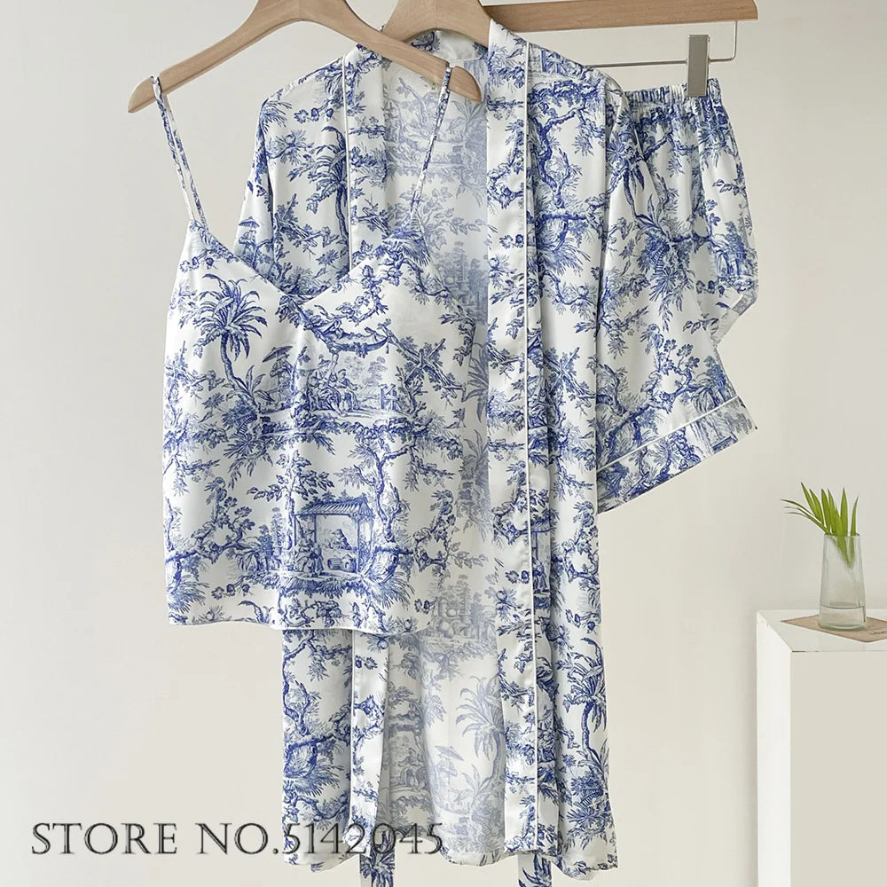 Women Sleepwear 3PCS Pajamas Set Lingerie Print Flower Bath Robe Gown Nightwear Summer Loose Satin Lounge Wear Home Clothes