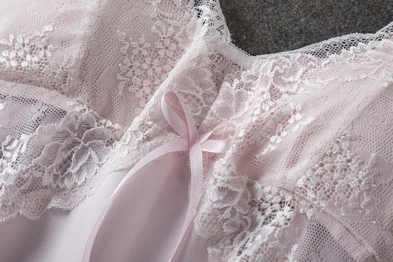 2PCS Pajamas Set White Women V-Neck Sleepwear M-XL Lace Kimono Sexy Nightshirts Flower Nightwear Robe Gown Sleep Suit Nightgown