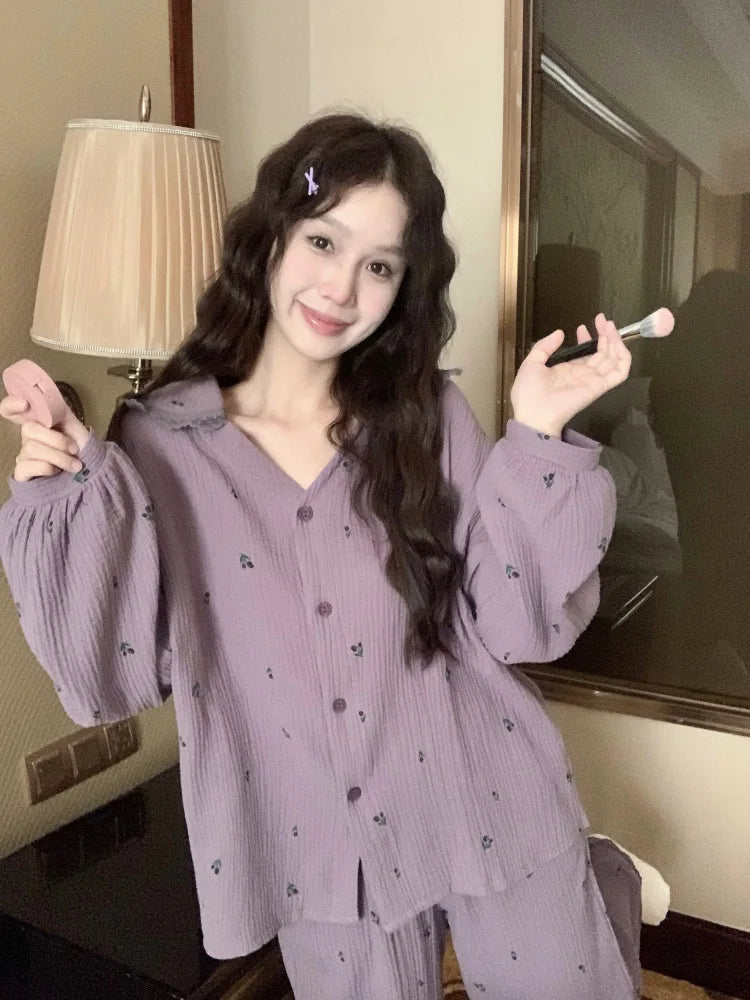 Cute Lapel Sweet Girl's Small Floral Pajama Spring New Elegant Women's Long Sleeved Pant Home Suit Set Comfortable Skin Friendly