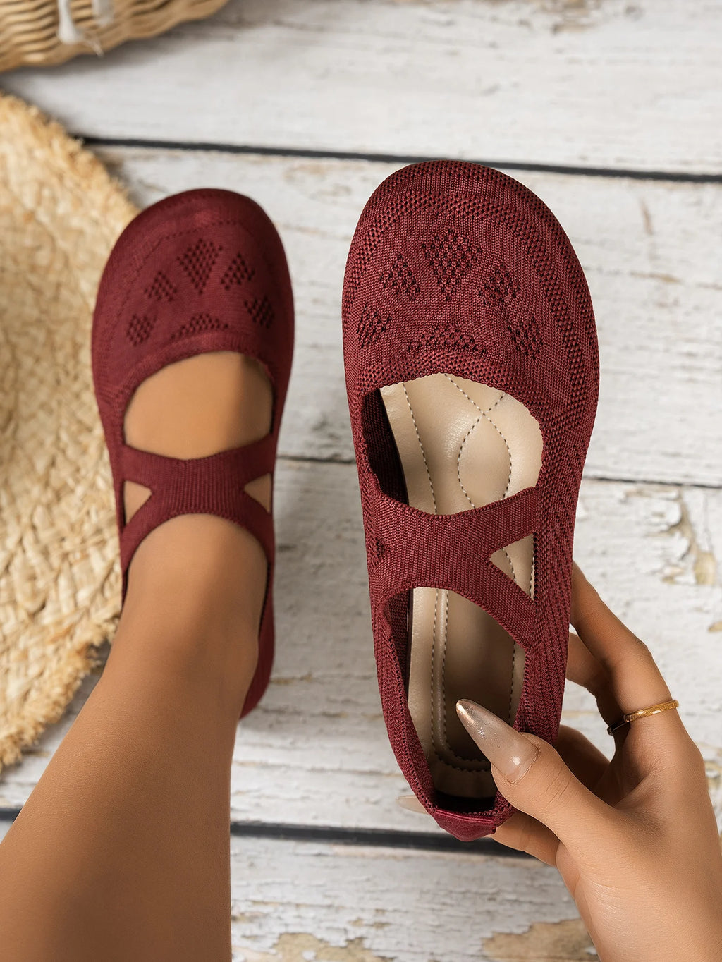 Round-toe small single shoes, fairy-style ballet shoes, comfortable knitted Mary Jane shoes