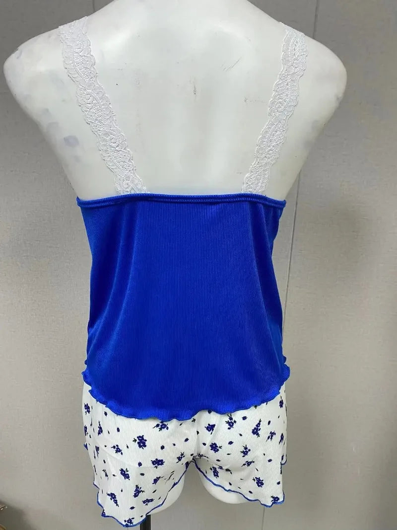 Women's Lace Trim Cami Pajama Set Floral Print Shorts Sleepwear Soft Knit V-Neck Loungewear Set Nightwear and Casual Home Wear