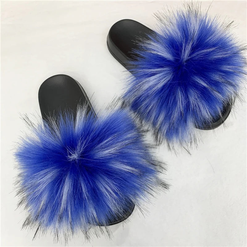 Ladies Fluffy Slippers Summer Women Faux Fur Soft Slides Stylish Open Toe Sandals Outdoor Indoor Furry Comfortable Beach Shoes
