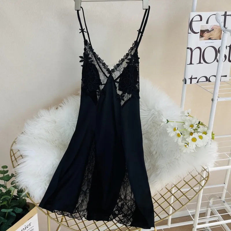 Sexy Hollow Out Lace Strap Nightgown Women Sleepwear Embroidery Flower Robe Silky Satin Nightdress Home Wear Intimate Lingerie