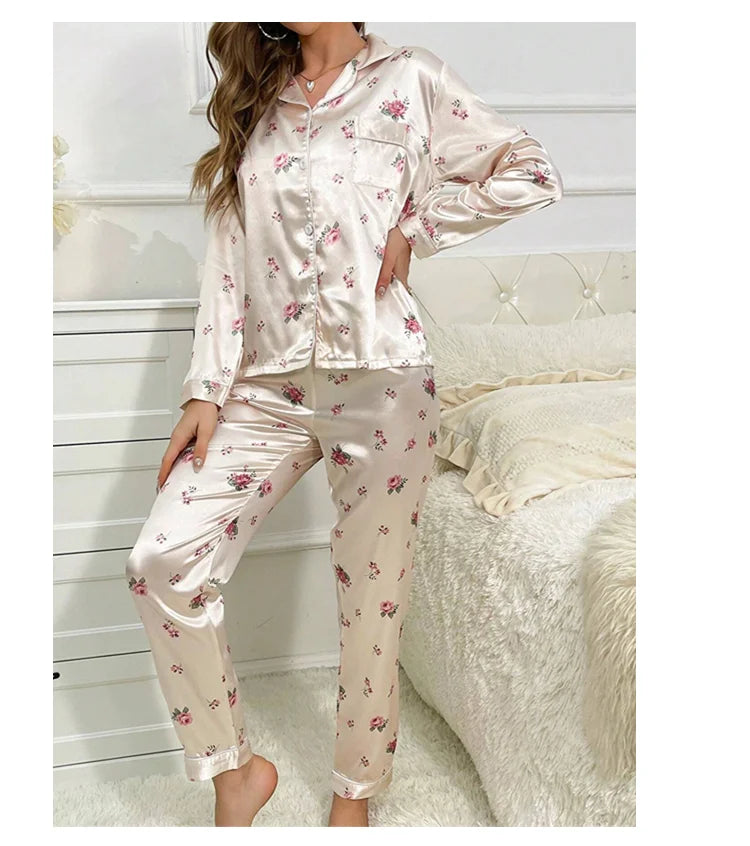 Pajamas For Women's Floral Print Long-Sleeved Sleepwear Button Down 2 Piece Soft Loungewear Pjs Set Pajama Pants Homewear