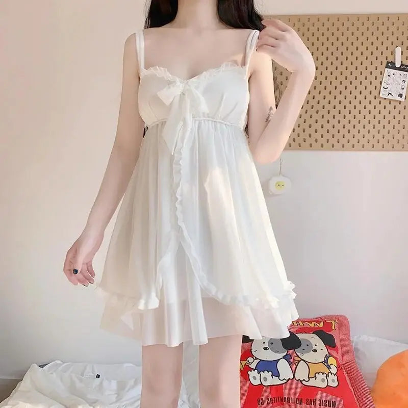 Elegant Sweet Simple Solid White Women Robe Gown Sets Chic Lace Bow Mesh  Sleepwear Breathable Slim Nightdress