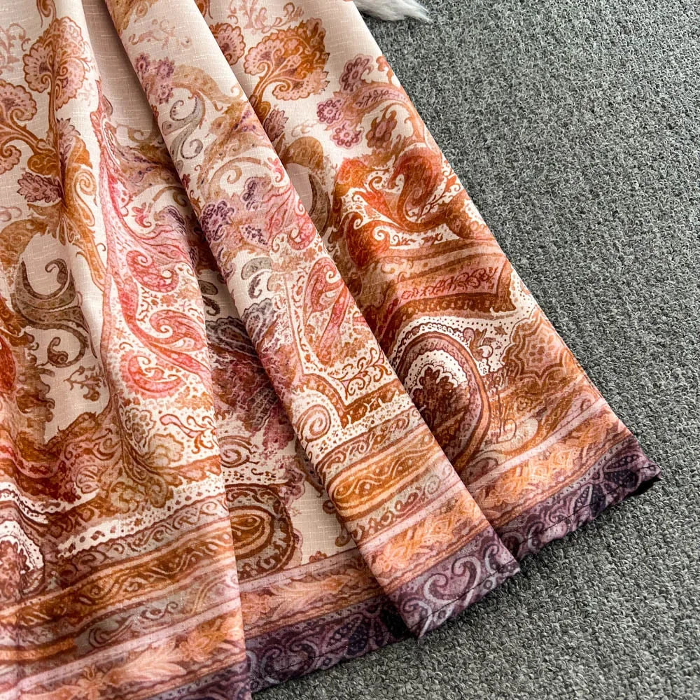 Spring Autumn Retro Palace Style Dress New French Printed Lantern Sleeve Stand Collar A-line Long Dress Femade C110
