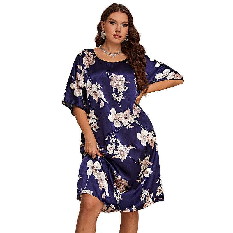 LX New plus size sleepwear, women's mid to long print pullover dress, home wear, silk ice silk nightgown