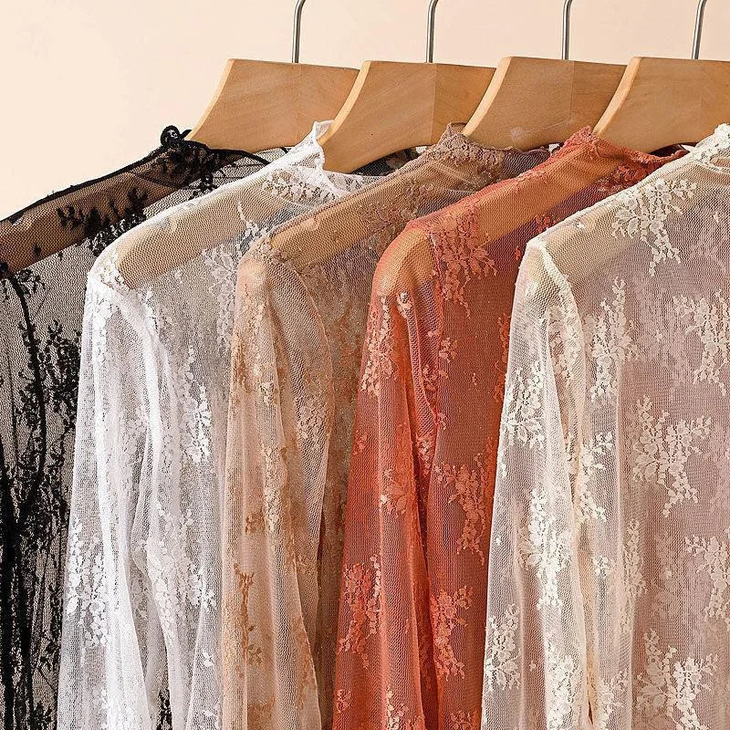 Sexy Floral Lace and Mesh Ruffle Nightgown Woman Sleep Tops Nightie Turtleneck Mesh Layering Top Y2k Floral Tee Shirts Blouse