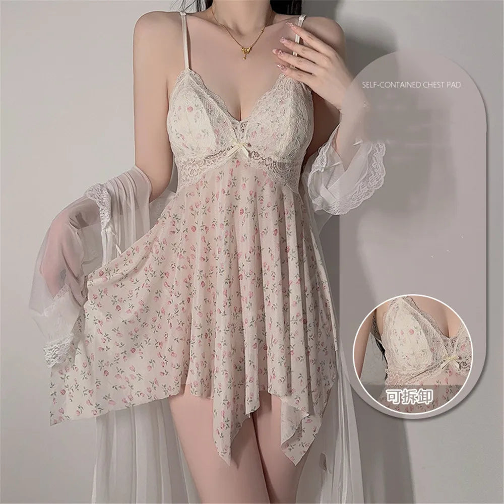 Sexy Female Mesh Robe Nightgown Set Kimono Bathrobe Gown Print Floral Lace Suspender Night Dress Sleepwear Loose Satin Homewear