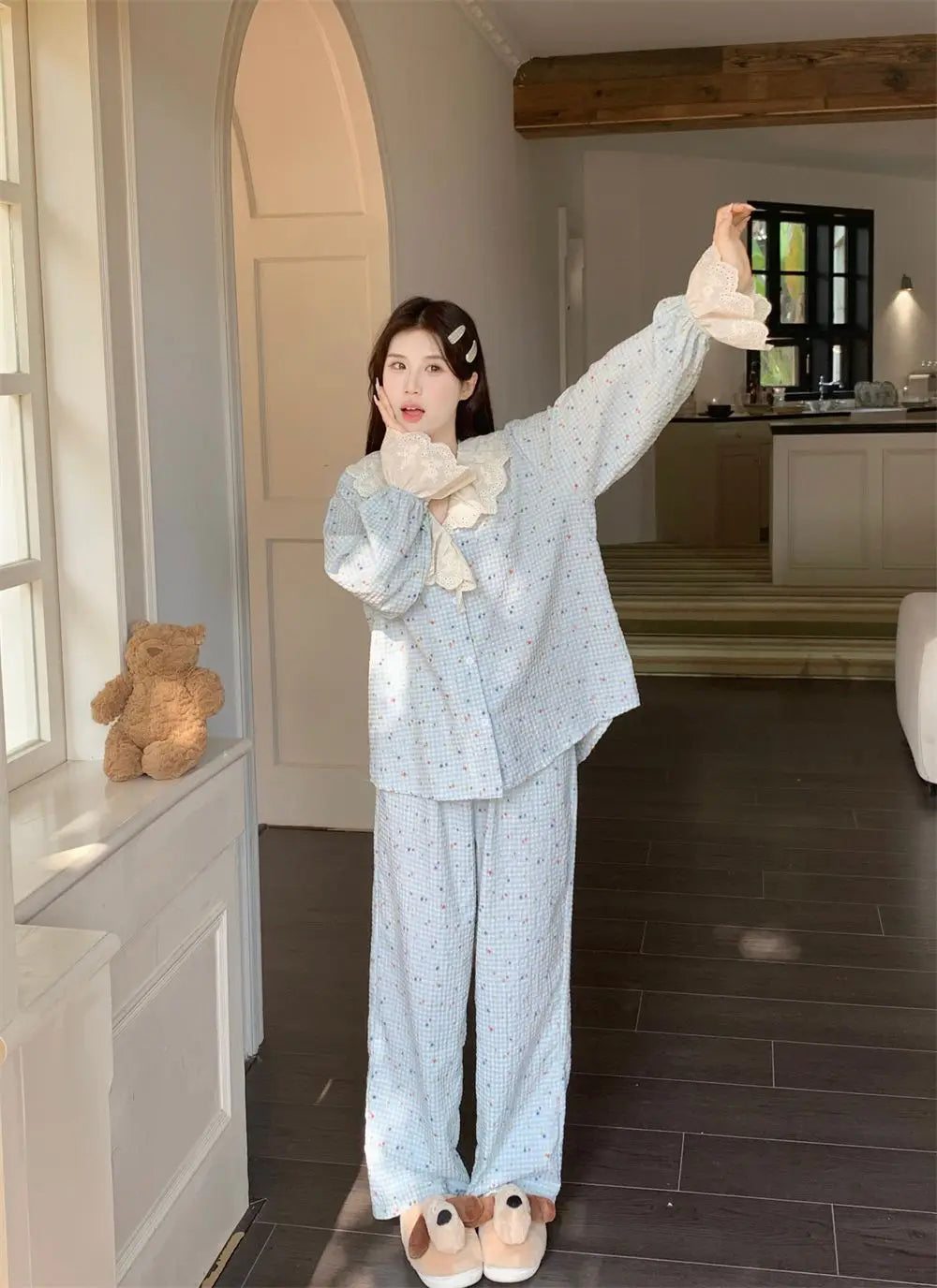 Korean Style Sweet Style Floral Pajamas for Women New Long Sleeve Long Pants Lace Trim Homewear Set Autumn Winter Loungewear Hot