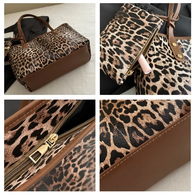 Women's Leopard Print Tote bag Pu Leather Underarm Bags Simple Casual Travel Shopping Bag Large Capacity Mother and Child Packag
