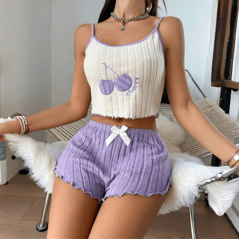 Womens Summer Brushed Pajama Set Cute Y2K Embroidered Cherry Ribbed Cami Top Ruffle Shorts Two Piece Loungewear Sleepwear