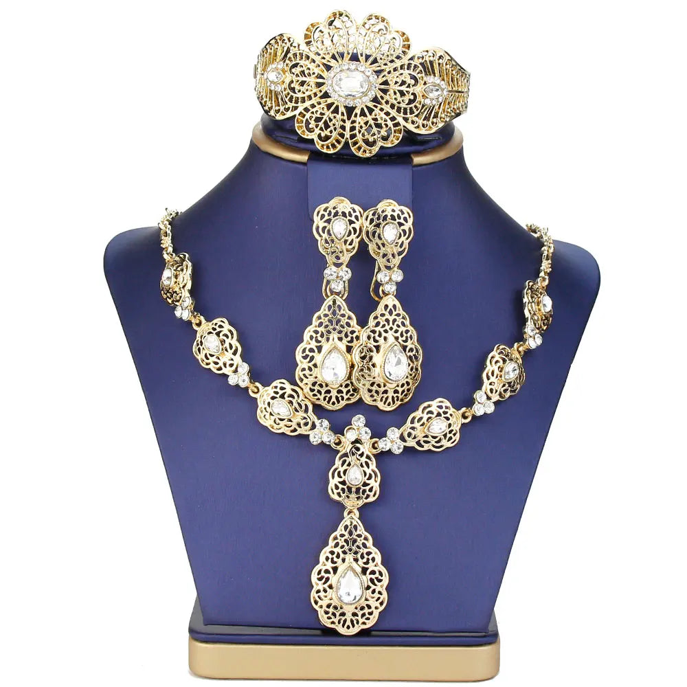 Sunspicems Morocco Bride Jewelry Sets Hollow Flower Women Earring Necklace Bracelet Water Drop Crystal Arabic Wedding Necklace