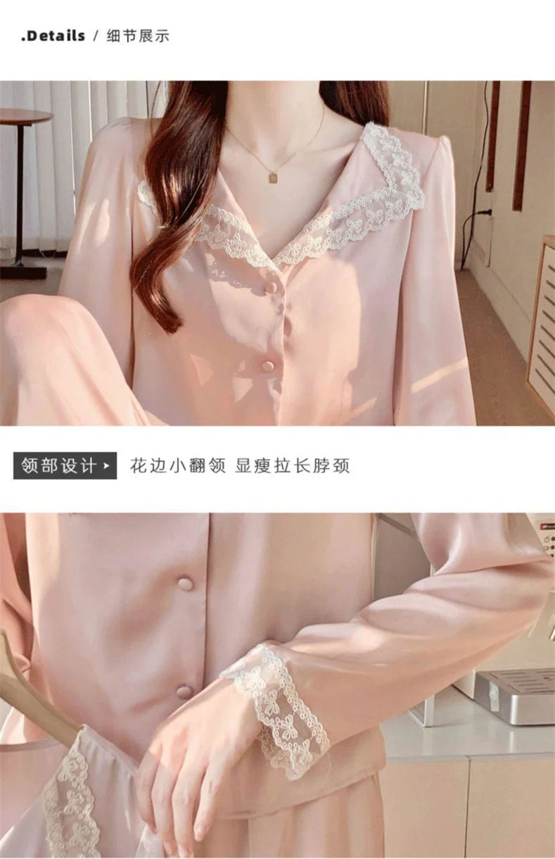 Two Piece Pajamas Set Women Satin Nightwear Home Clothes Spring Autumn Long Sleeve Shirt&pants Sleepwear Suit