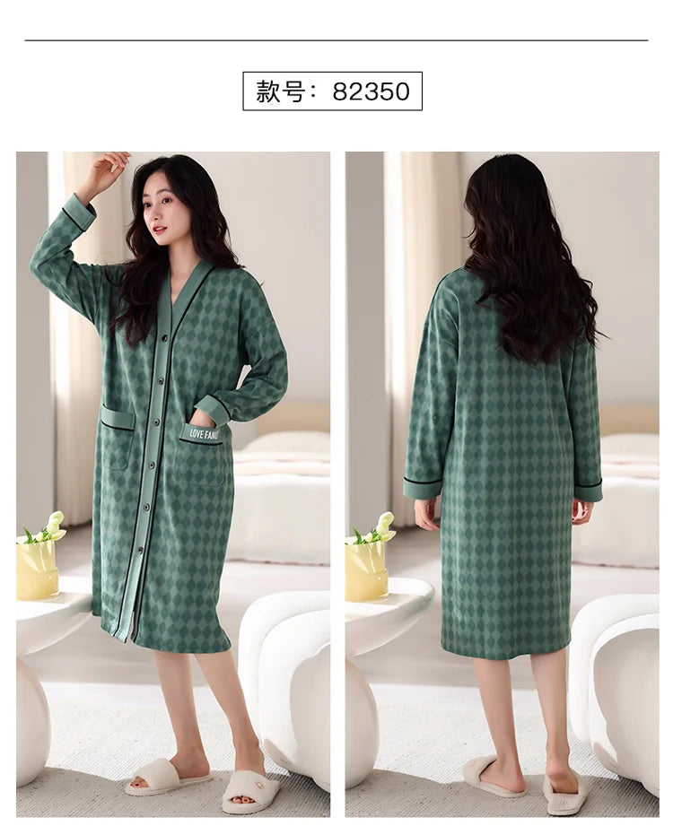 Big Size M-5XL Spring and Autumn Women Nightdress With Chest Pad Femme Knited Cotton Nightwear Floral Nightgown