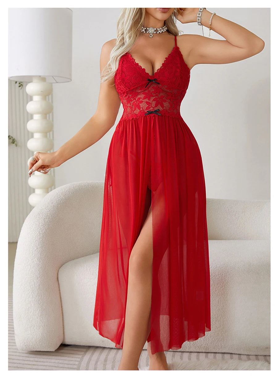 Women Sexy Floral Lace Mesh Nightgown V-Neck Sleeveless High Slit Backless Slip Dress with Bowknot Suspender Lingerie Sleepwear