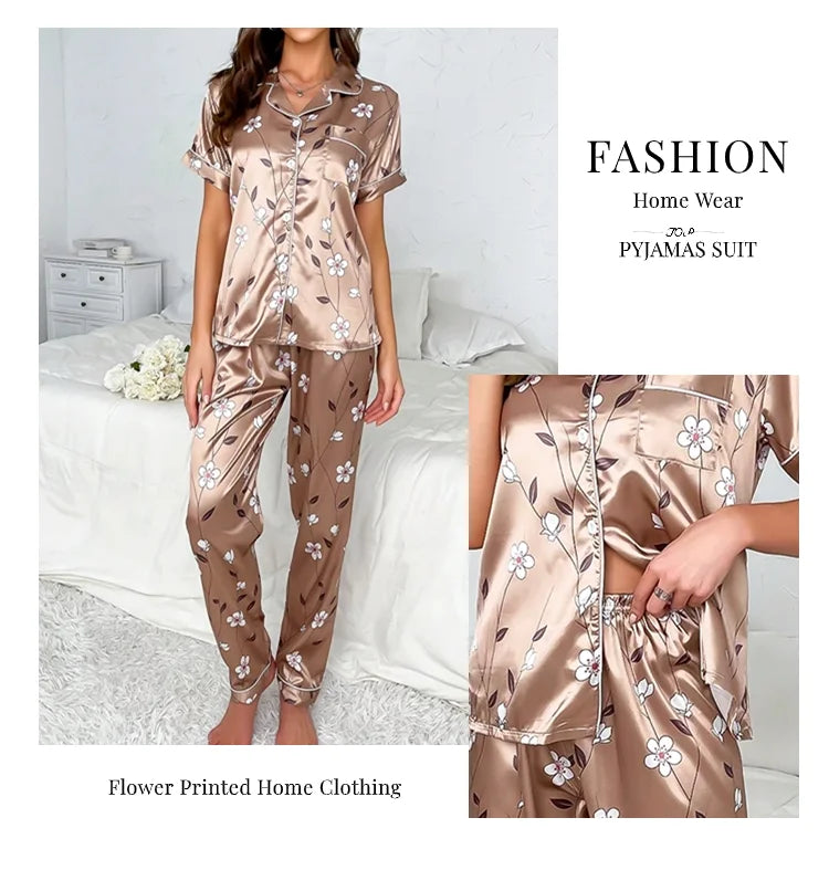 Ladies Floral Print Pajamas Set Autumn Short Sleeve Buttons Top & Elastic Waistband Pants Women's Sleepwear Loungewear Pj Sets