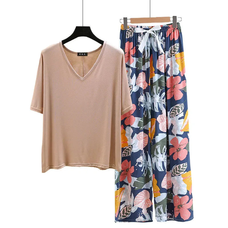 V Neck Tshirt with Poplin Floral wide leg pants summer cool pajamas sets Loose casual homewear suit Rayon Loungewear all match