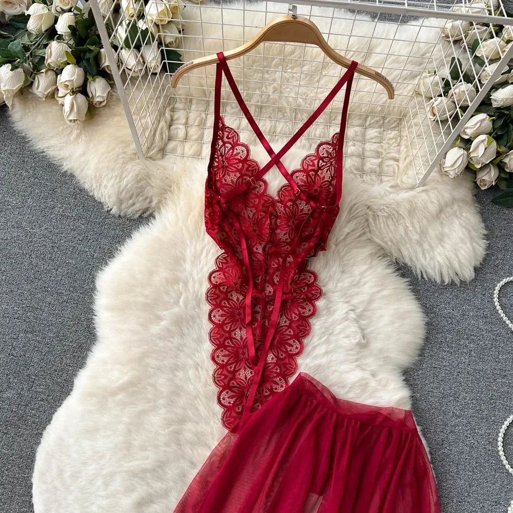 new Women's Multicolour Transpar Sexy Charming Flowing Mesh Long Skirt With Girls V-neck Lace Hollowed out Flower Top Two Pieces
