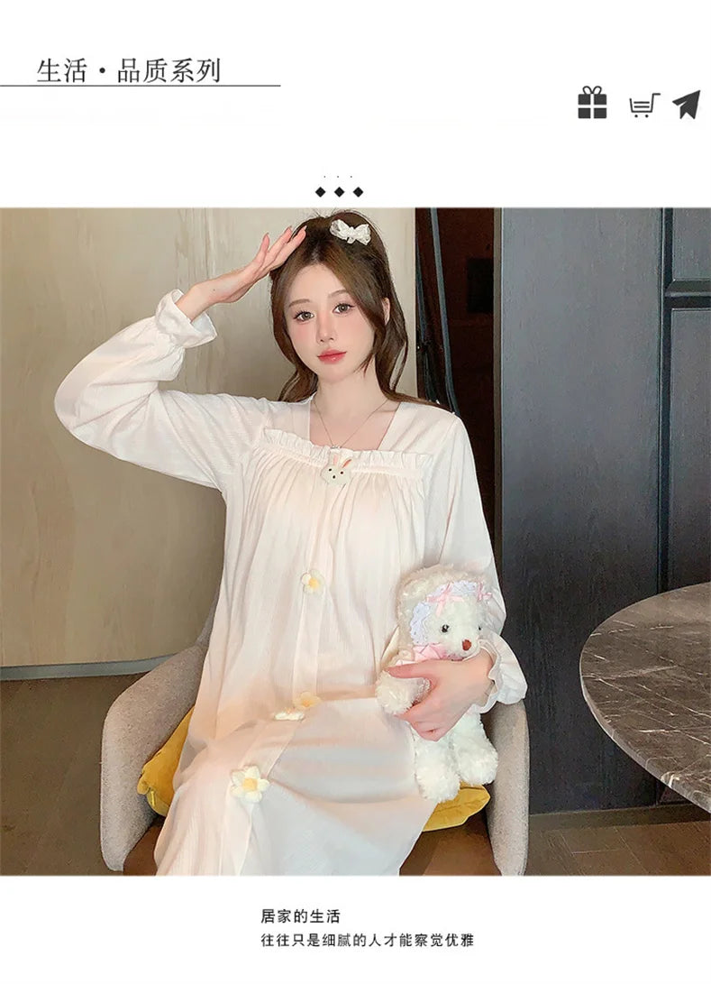 Autumn Winter New Women Cotton Nightdress With Chest Pad Long Dress Sweet Loose Long Sleeve Home Wear