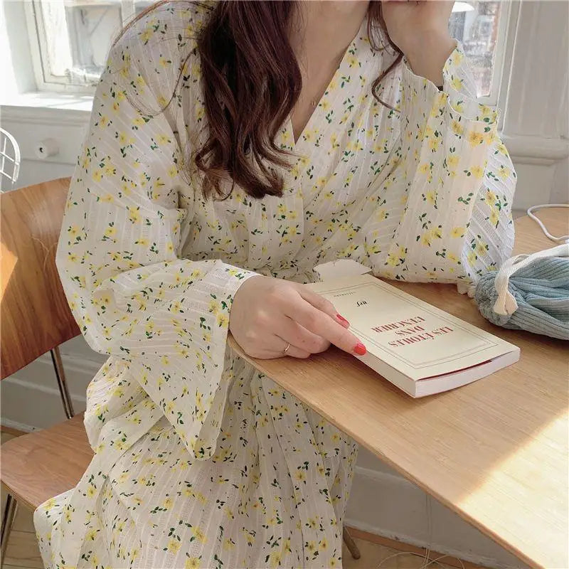 Korean Style Floral Pajamas Spring and Summer Sweet Bow Tie Pajama Girl Long Sleeved Trousers Student Dormitory Home Clothes Hot